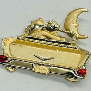 Vintage AJC Brooch Pin Gold Tone Cat Couple Car Cadillac Moon 50s Love Valentine